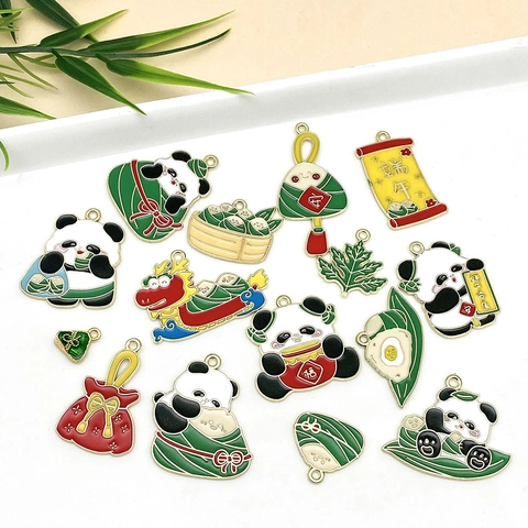 Alloy Enamel Panda Zongzi Charms Dragon Boat Festival DIY Jewelry Accessories Gold Plated Chinese Style Panda Pendants