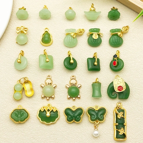 Alloy Glass Green Jade Look Pendants Chinese Style Fortune Bag Elephant Gourd Charms For DIY Jewelry Making Necklace Accessory