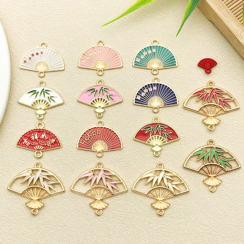 Chinese Style Enamel Fan Pendants For DIY Jewelry Making Bamboo Leaf Plum Blossom Fan Charms Zinc Alloy Fan Pendants
