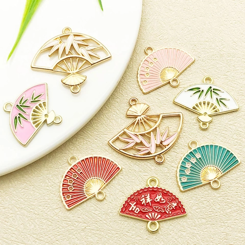 Chinese Style Enamel Fan Pendants For DIY Jewelry Making Bamboo Leaf Plum Blossom Fan Charms Zinc Alloy Fan Pendants