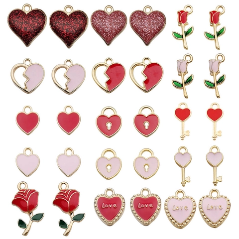 Vintage Zinc Alloy Enamel Heart Rose Pendants Red Pink Gold Love Key Lock DIY Jewelry Making Pendants For Valentine's Day