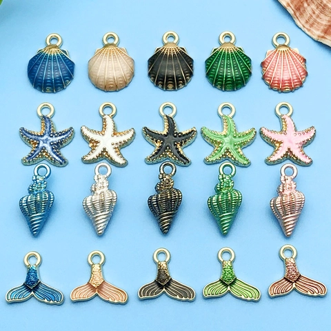 Pendentifs en Alliage de Zinc Émaillés Série Océan Coquillage Étoile de Mer Escargot de Mer Queue de Sirène pour la Fabrication de Bijoux DIY Accessoires de Porte-clés