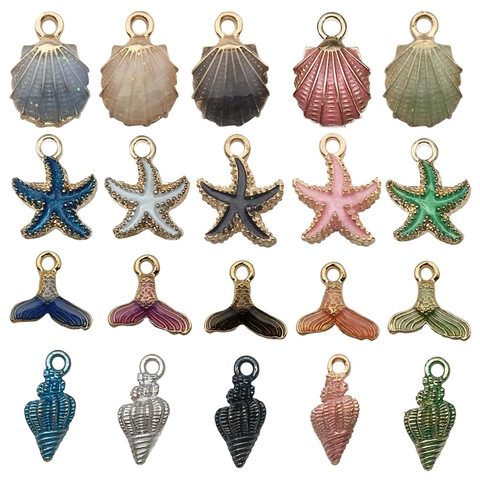 Pendentifs en Alliage de Zinc Émaillés Série Océan Coquillage Étoile de Mer Escargot de Mer Queue de Sirène pour la Fabrication de Bijoux DIY Accessoires de Porte-clés