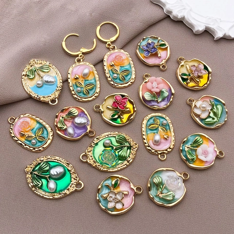 Vintage French Monet Style Floral Drip Oil Zinc Alloy Pendants With Artificial Pearl For Jewelry Making DIY Accessory