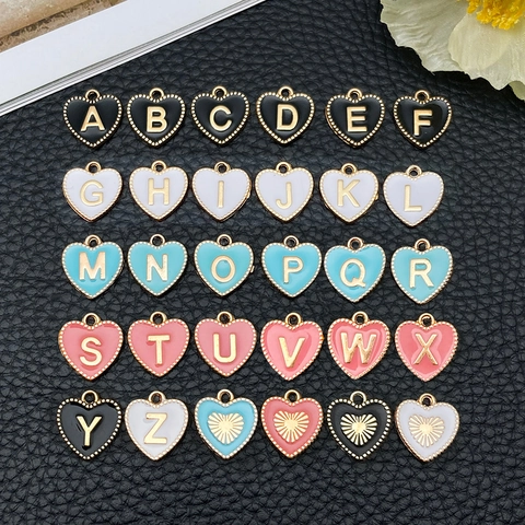 Dijes de Alfabeto de Forma de Corazón de Aleación de Zinc Vintage Esmalte Colgantes de Letras Doble Cara para Fabricación de Joyas DIY Accesorios Artesanales