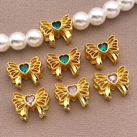 18K Gold Plated Copper Bowknot Spacer Beads Heart Zirconia For DIY Bracelet Necklace Jewelry Making Handmade Accessories