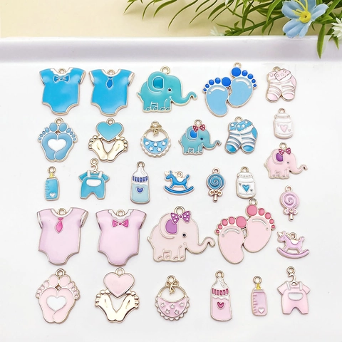 Dijes de Aleación de Esmalte Tema de Bebé Surtidos Elefante Huella Biberón Ropa Colgantes Para la Creación de Joyas de Bricolaje