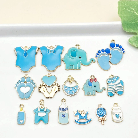 Dijes de Tema de Bebé de Esmalte de Dibujos Animados de Aleación de Zinc Elefante Botella Huella Ropa DIY Accesorios de Joyería