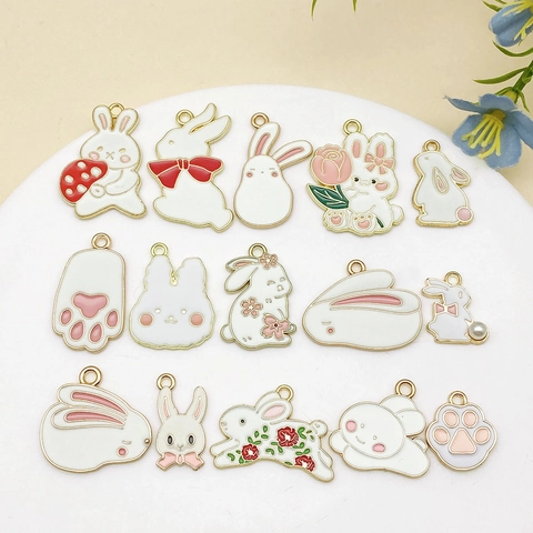 Enamel Rabbit Pendant Alloy Cartoon Animal Charm For Bracelet Necklace Jewelry Making Easter Bunny Flower Paw Mushroom