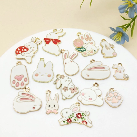 Enamel Rabbit Pendant Alloy Cartoon Animal Charm For Bracelet Necklace Jewelry Making Easter Bunny Flower Paw Mushroom