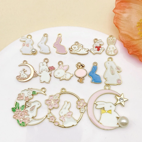 Cartoon Enamel Rabbit Moon Flower Alloy Pendant Charms For DIY Bracelet Necklace Keychain Making Women Cute Bunny Accessories