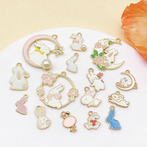 Cartoon Enamel Rabbit Moon Flower Alloy Pendant Charms For DIY Bracelet Necklace Keychain Making Women Cute Bunny Accessories