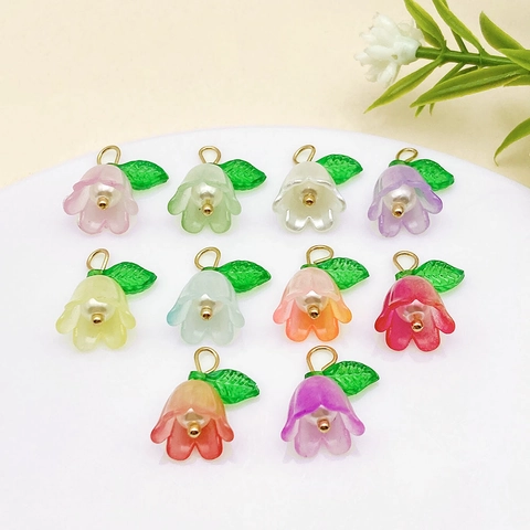 Acrylic Lily Of The Valley Flower Pendant With Faux Artificial Pearl Green Leaf For DIY Necklace Earring Jewelry Making Accessory