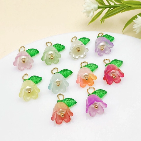 Acrylic Lily Of The Valley Flower Pendant With Faux Artificial Pearl Green Leaf For DIY Necklace Earring Jewelry Making Accessory