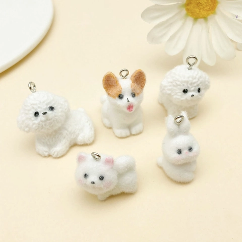 Flocked Resin Animal Charms Cute 3D Rabbit Corgi Teddy Poodle Pendants DIY Keychain Accessory Jewelry Making Supplies