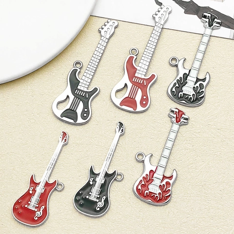 Vintage Hip Hop Zinc Alloy Enamel Guitar Pendants For Necklace DIY Jewelry Making Music Note Flame Rock Musical Instrument Charms
