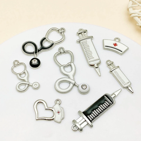 Medical Theme DIY Alloy Enamel Pendants Stethoscope Syringe Nurse Hat Heart Charms For Necklace Bracelet Jewelry Making Women Gift
