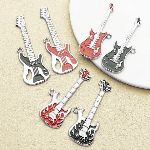 Vintage Hip Hop Zinc Alloy Enamel Guitar Pendants For Necklace DIY Jewelry Making Music Note Flame Rock Musical Instrument Charms