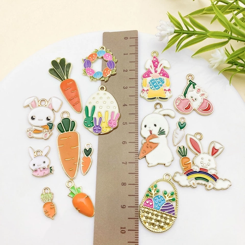 15 Styles Enamel Easter Charms Zinc Alloy Cartoon Rabbit Carrot Egg Pendants For DIY Jewelry Making Necklace Accessories
