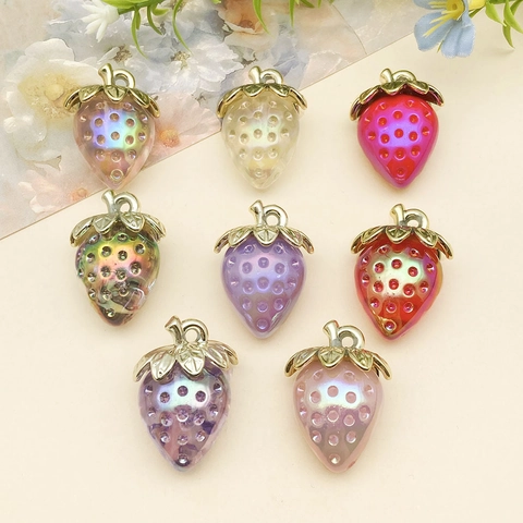Iridescent Strawberry Resin Pendants With Zinc Alloy Leaf Caps Colorful Acrylic Charms For DIY Jewelry Making Keychain Women