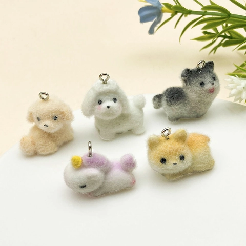 Flocked Resin Cartoon Animal Pendants For DIY Keychain Phone Charm Dog Alpaca Unicorn Rabbit Miniature Jewelry Making Supplies