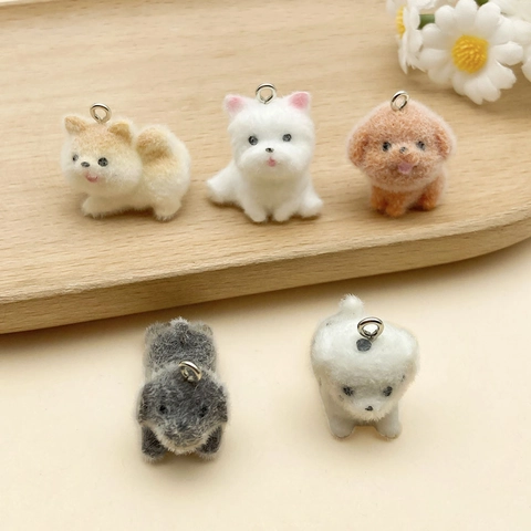 Mini Flocked Resin Dog Animal Pendants With Zinc Alloy Ring Cute Cat Rabbit Unicorn Charms For DIY Jewelry Making