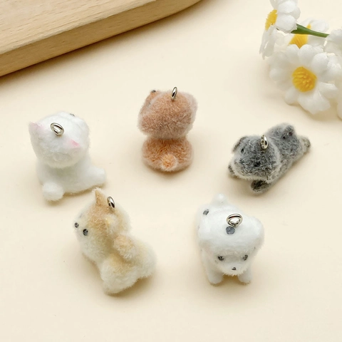 Mini Flocked Resin Dog Animal Pendants With Zinc Alloy Ring Cute Cat Rabbit Unicorn Charms For DIY Jewelry Making