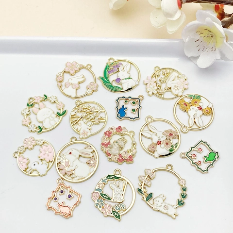 Cute Rabbit Flower Wreath Alloy Enamel Pendants For DIY Jewelry Making Easter Bunny Charms Necklace Bracelet Accessory