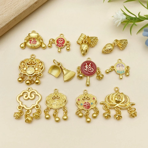 Pendentifs en Alliage de Zinc Vintage Style Chinois Émail Serrure de Longévité Lotus Sac de Fortune Pendentifs pour Collier Bracelet Bijoux DIY