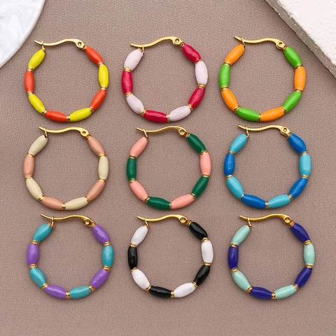 Stainless Steel Enamel Bamboo Joint Hoop Earrings For Women Geometric U-Shape Colorful Drop Oil Fashion Jewelry Accessory