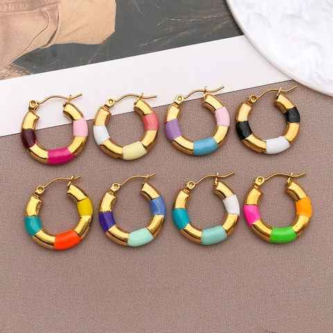 Vintage Stainless Steel Enamel Bamboo Joint Hoop Earrings Bohemian Colorful Small U Shape Huggie Ear Buckle For Women Jewelry