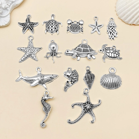 Antique Silver Ocean Animal Alloy Pendants Sea Turtle Starfish Shark Octopus Jellyfish Charms For DIY Bracelet Necklace Jewelry Making