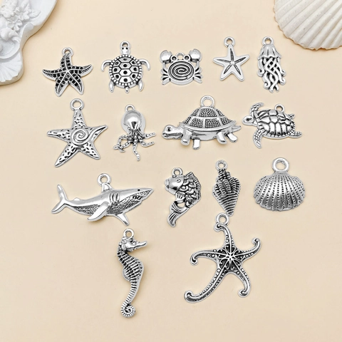 Antique Silver Ocean Animal Alloy Pendants Sea Turtle Starfish Shark Octopus Jellyfish Charms For DIY Bracelet Necklace Jewelry Making
