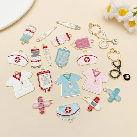 Cartoon Enamel Medical Theme Alloy Charms For Nurse Doctor Stethoscope Hat Syringe Thermometer DIY Bracelet Jewelry Pendants