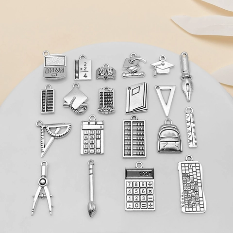 Antique Silver Zinc Alloy Graduation Back To School Theme Pendants Tool Ruler Abacus Schoolbag DIY Jewelry Charms