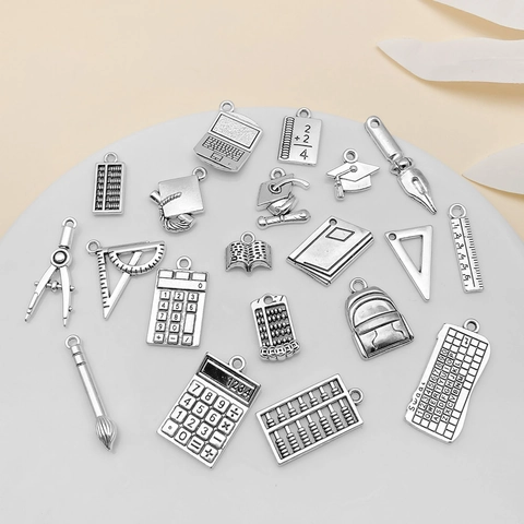 Antique Silver Zinc Alloy Graduation Back To School Theme Pendants Tool Ruler Abacus Schoolbag DIY Jewelry Charms