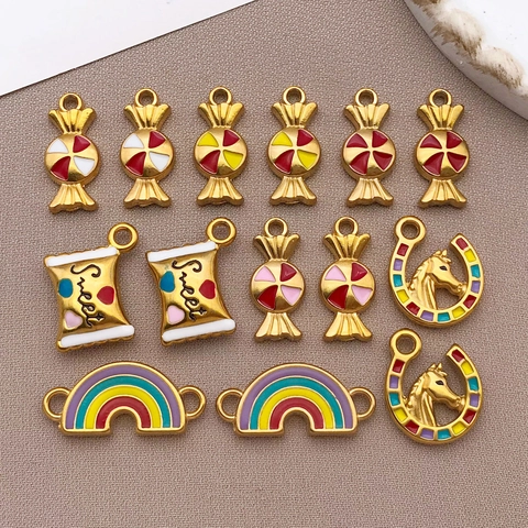 Stainless Steel Enamel Pendants For Jewelry Making Sweet Candy Rainbow Horse Head Horseshoe Charms DIY Bracelet Necklace Accessories