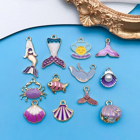Juego de Amuletos Animales Marinos Cola de Sirena Concha Cangrejo Colgantes de Aleación Esmaltada DIY Con Strass Perla Artificial Joyería