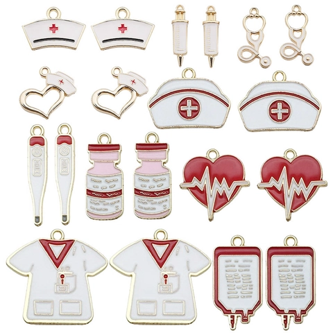 Medical Theme Enamel Zinc Alloy Charms For Jewelry Making DIY Nurse Hat Stethoscope Syringe Thermometer Pendant Accessories