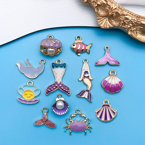 Juego de Amuletos Animales Marinos Cola de Sirena Concha Cangrejo Colgantes de Aleación Esmaltada DIY Con Strass Perla Artificial Joyería