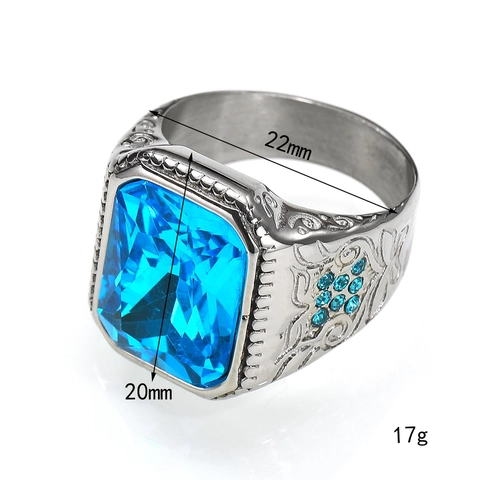 Bague Vintage en Acier Titane avec Pierre Bleue pour Homme Femme Sculpté Rectangulaire Cristal Hip Hop Mode Bijoux Bague