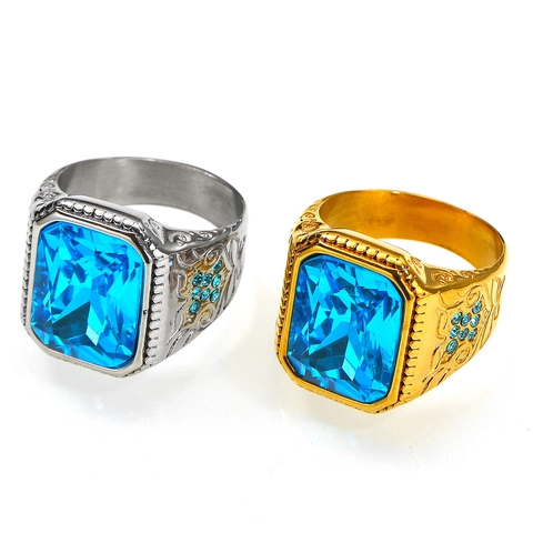 Bague Vintage en Acier Titane avec Pierre Bleue pour Homme Femme Sculpté Rectangulaire Cristal Hip Hop Mode Bijoux Bague