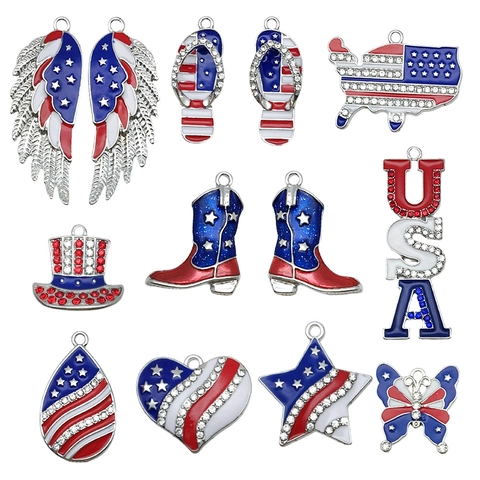 American Flag Independence Day DIY Charm Alloy Drip Oil Rhinestone Pendant Heart Star Hat Boot Jewelry Making Accessories