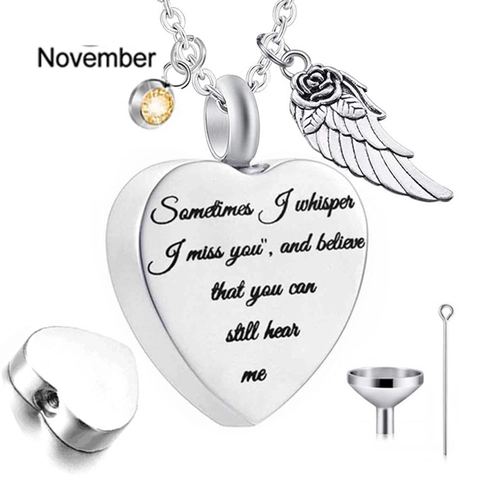 Stainless Steel Heart Memorial Urn Necklace Engraved Miss You Cremation Jewelry With Angel Wing And Rhinestone Birthstone
