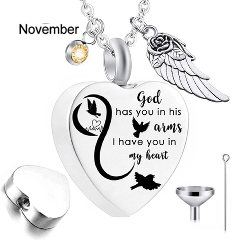 Heart Cremation Urn Necklace For Ashes Stainless Steel Memorial Jewelry With Angel Wing And Birthstone Pendant For Women
