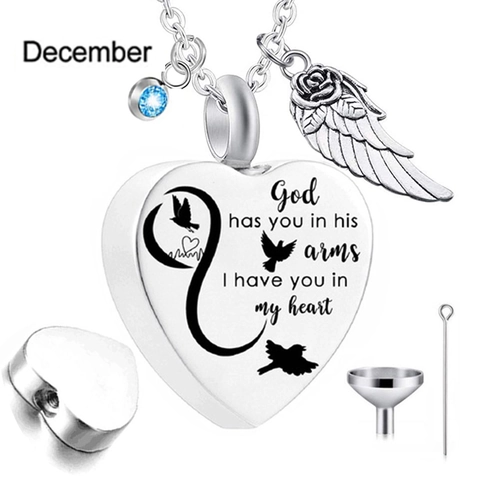Heart Cremation Urn Necklace For Ashes Stainless Steel Memorial Jewelry With Angel Wing And Birthstone Pendant For Women