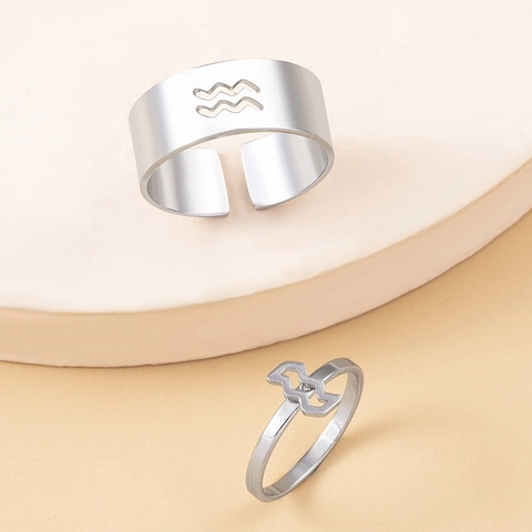 Stainless Steel Zodiac Signs Couple Ring Set Minimalist Vintage Open Adjustable Hollow Out Engraved Finger Ring Jewelry Gift