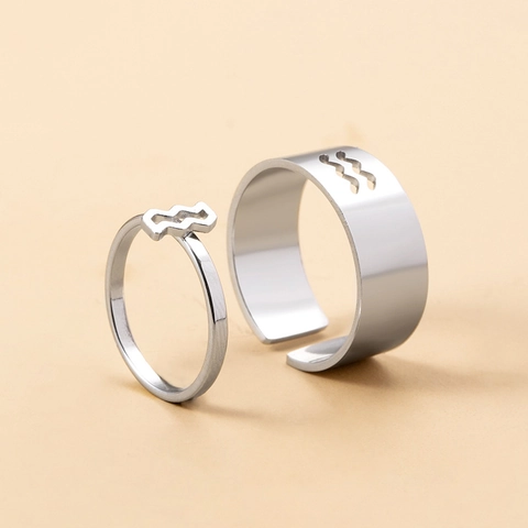 Stainless Steel Zodiac Signs Couple Ring Set Minimalist Vintage Open Adjustable Hollow Out Engraved Finger Ring Jewelry Gift