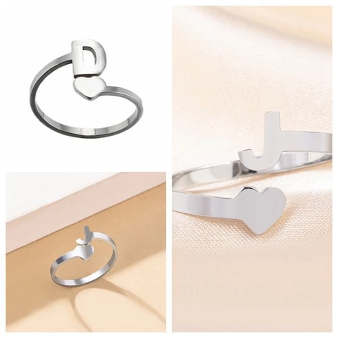 Minimalistischer Edelstahl Herz Buchstabe Offener Ring Für Damen Herren Silber Spiegelpoliert Verstellbarer Buchstabe Schmuck