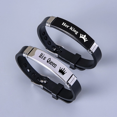 Couple Stainless Steel Silicone Bracelets Ring Set Her King His Queen Crown Letter Engraved Adjustable Wristband Romantic Jewelry